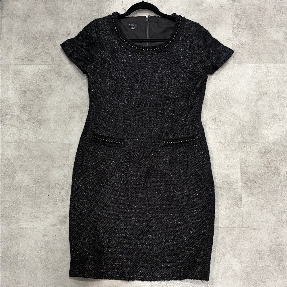 Talbots Black and Silver Beaded tweed Mini Dress flattering size 8